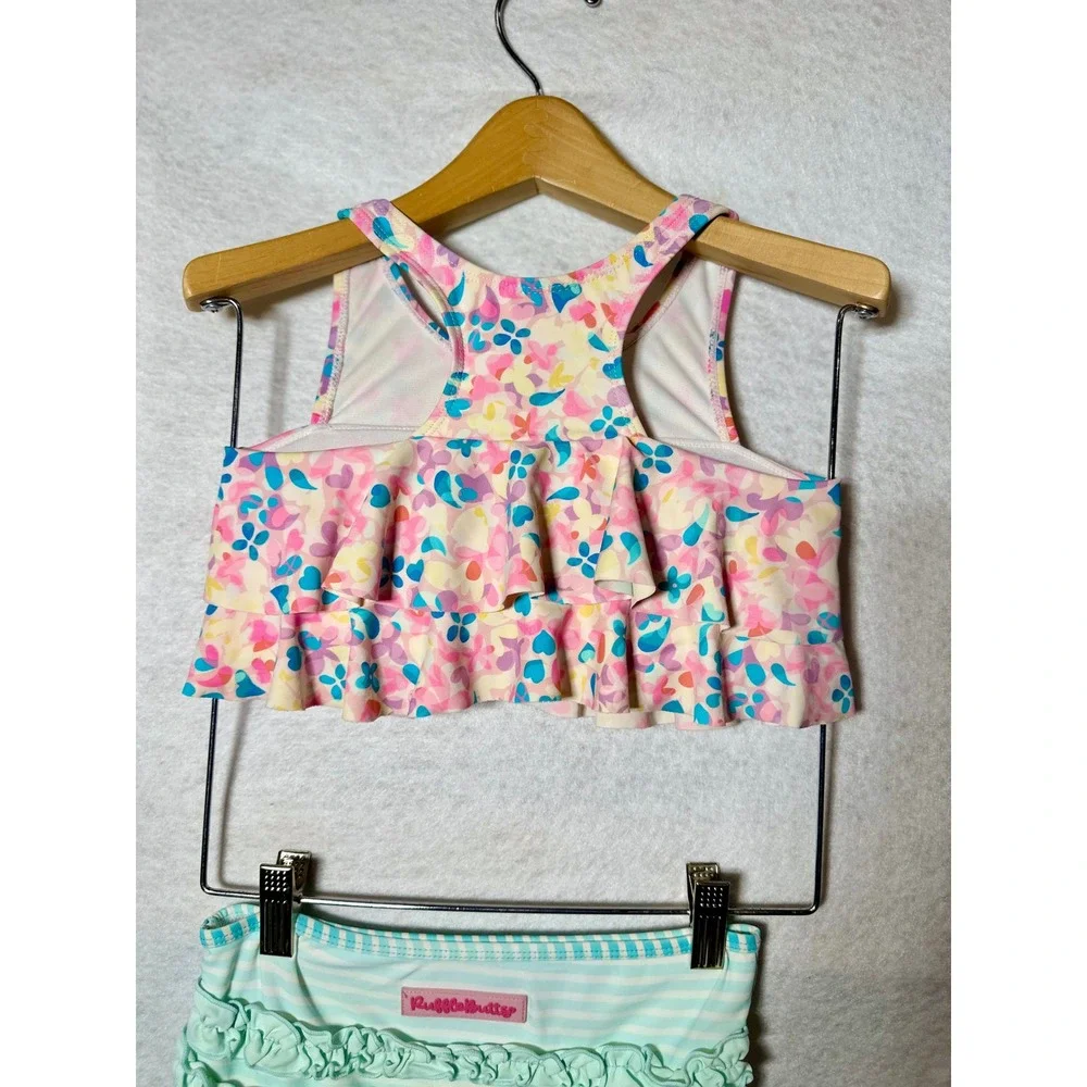 RuffleButts Girls Floral Ruffle Tankini Striped 2 Piece Swimsuit Set Size 7